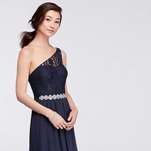 Navy blue one shoulder beaded waist dress
